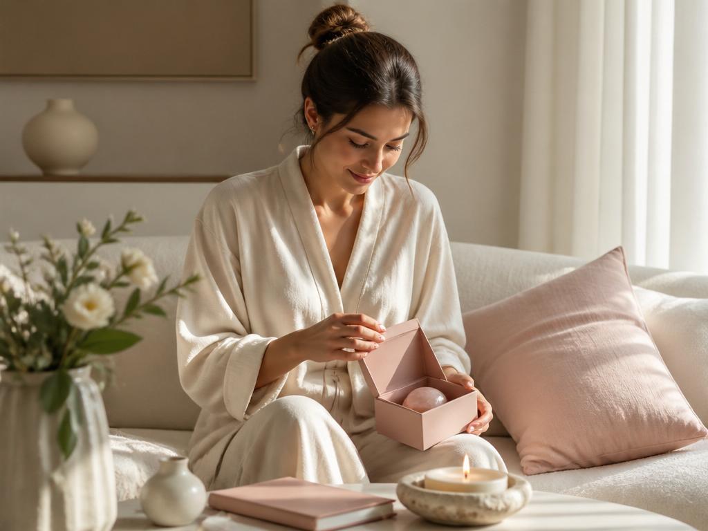 Европейская женщина открывает подарочный wellness-бокс Mind Beauty в светлом интерьере — домашний уход за сознанием